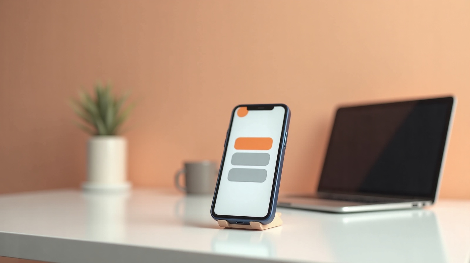 A smartphone standing in sharp focus on a desk with a laptop blurred behind it, showing that a website should work on a phone first