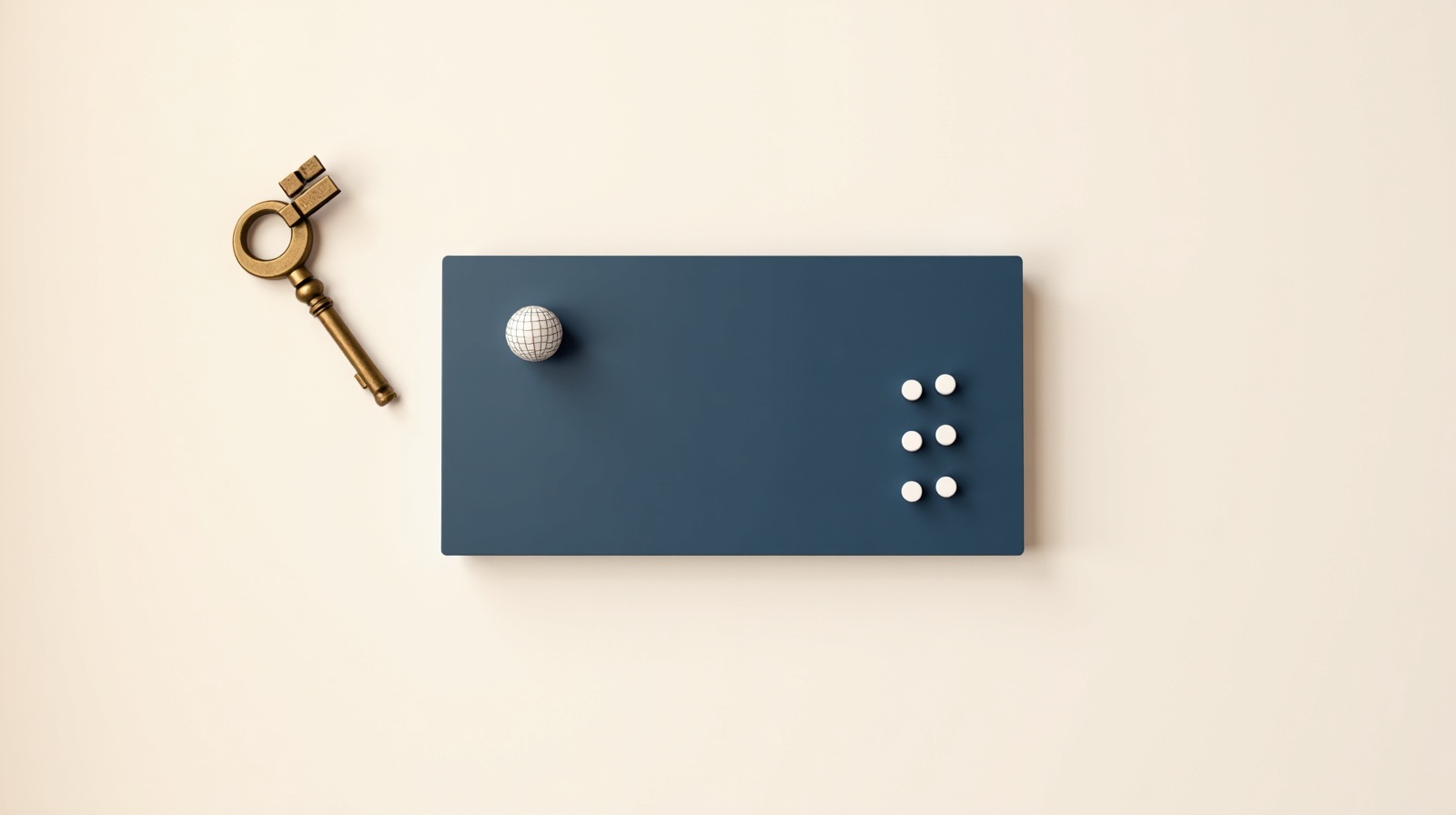 A navy nameplate with globe icon and brass key representing web identity and hosting concepts