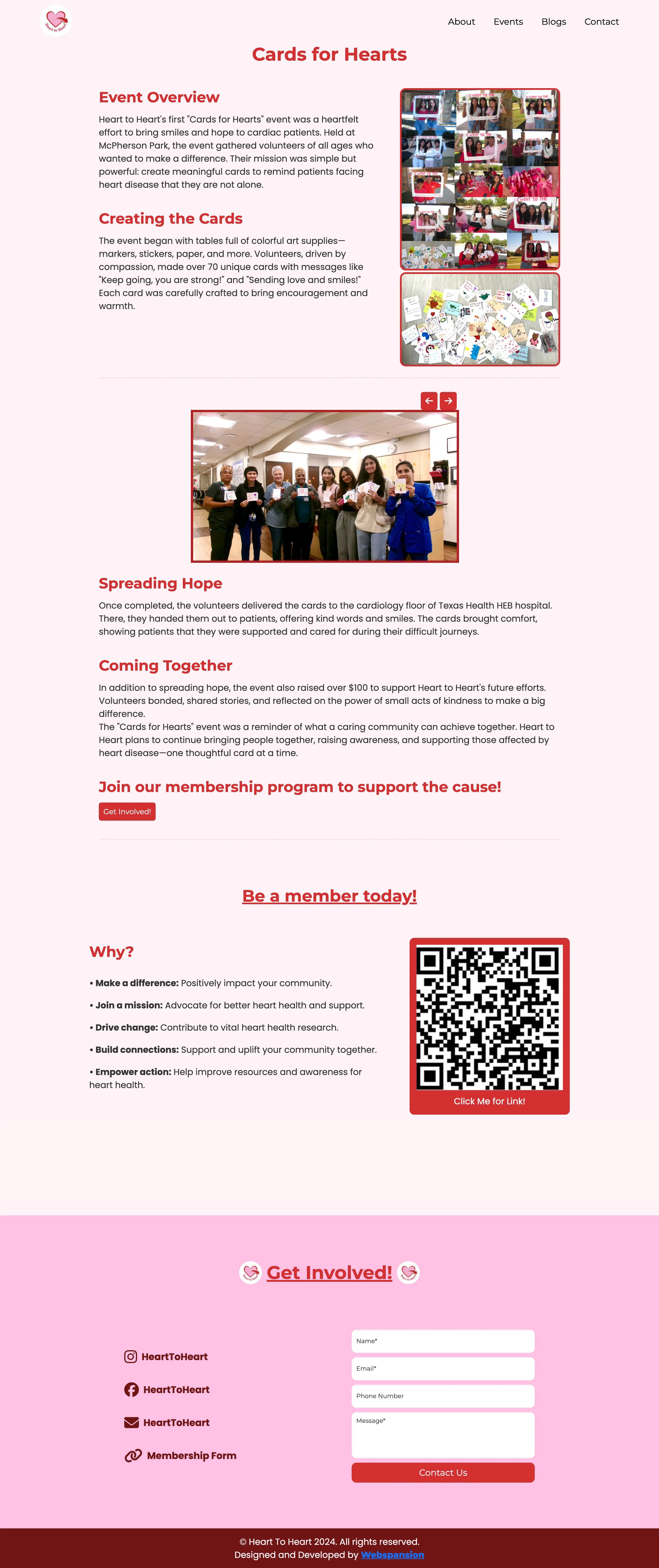 Screenshot of the Heart to Heart events page built by Webspansion